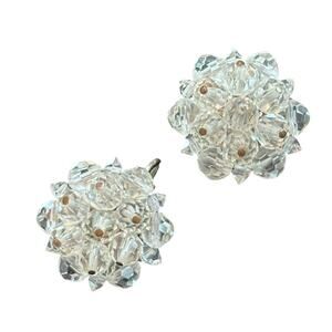 Vintage Laguna Clear Crystal Beaded Cluster Clip On Earrings Signed Silver Tone